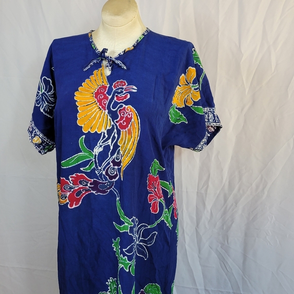 Vintage Batik Keris Blue Wax Processed Caftan Hawaiian Island Dress L/XL 14/16 - Picture 3 of 4